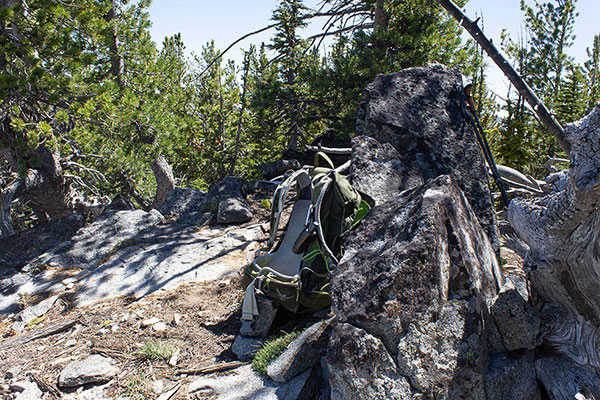 The highpoint of Maxwell Mountain. The MAXWELL benchmark lies just left of my pack strap.