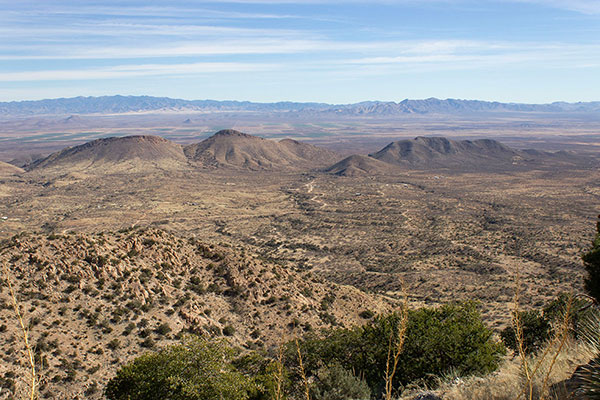 The Chiricahua Mountains on the left and Swisshelm Mountain on the right to the east